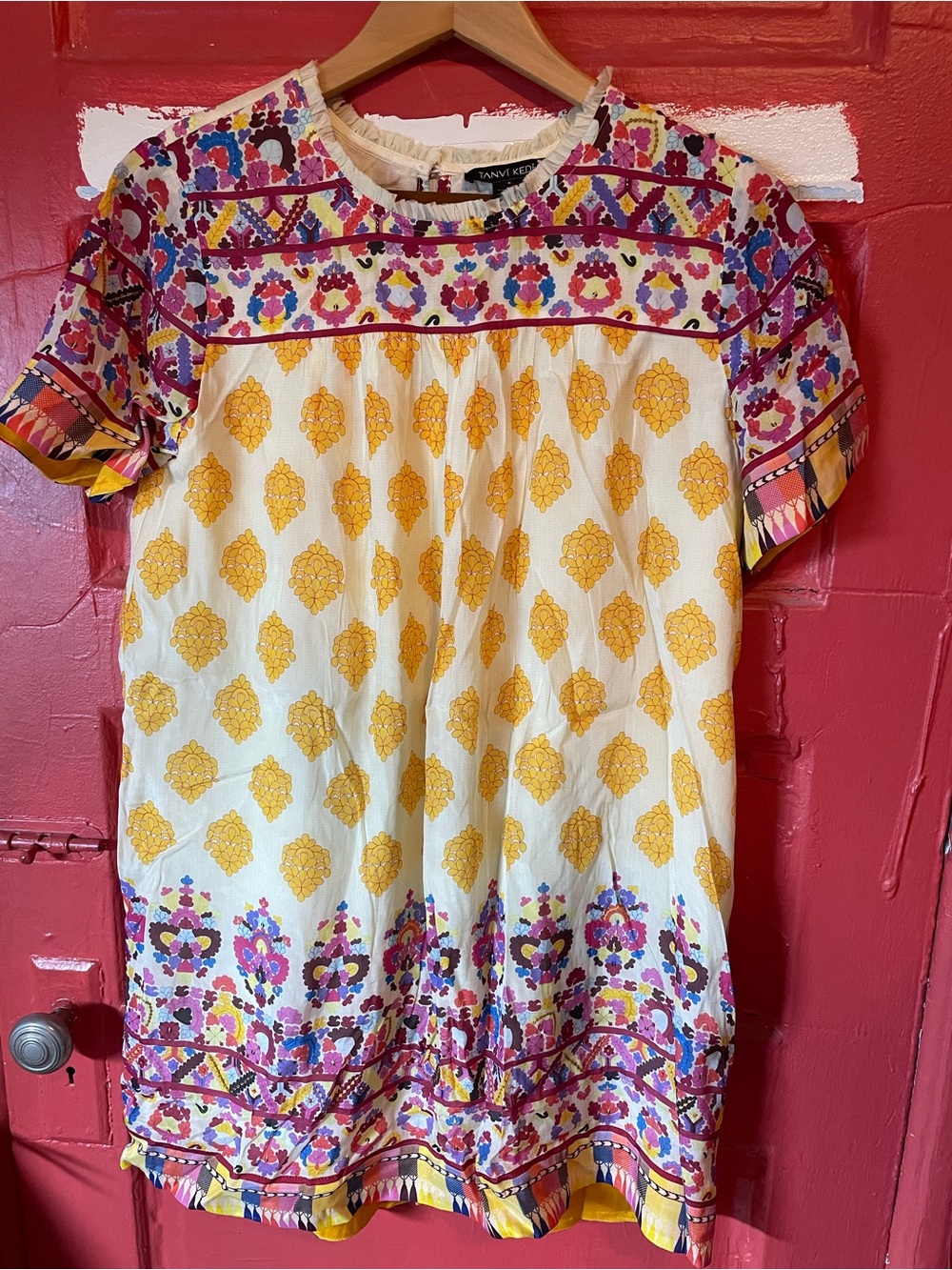 Anthropologie Tanya Taylor Yellow Printed Swing Dress w/ Beading - Picture 1 of 5